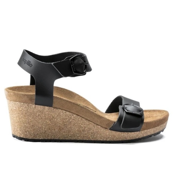 Birkenstock Papillio Soley Wedge Sandal Black Leather Ankle Strap Size 38 - Picture 7 of 10